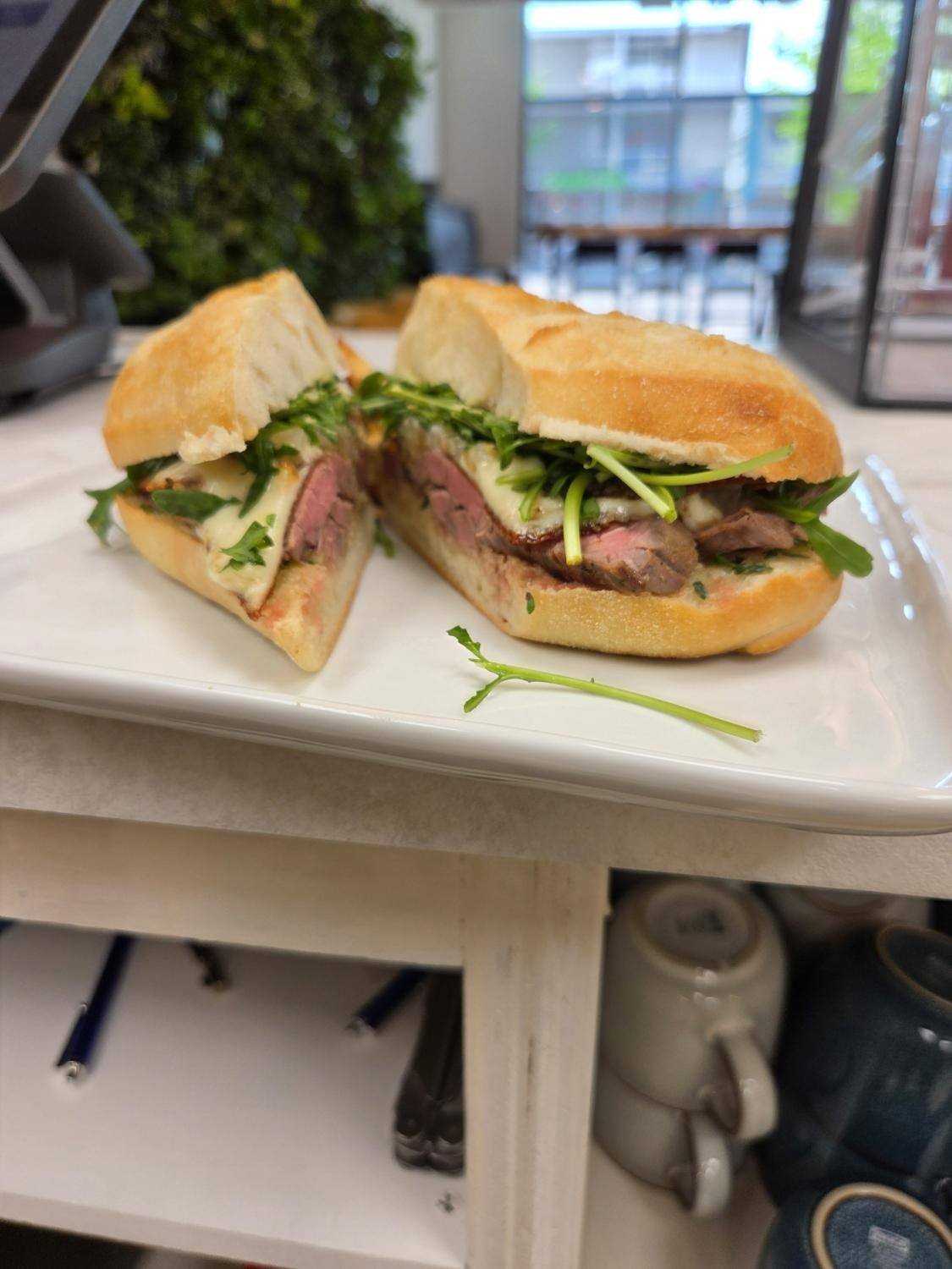 Alberta steak sandwich cut in half